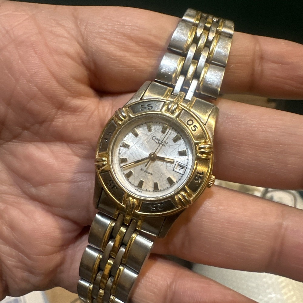 Works Vtg Caravelle By Bulova Ladies Watch 50M Quartz Two Tone Date 27mm Fit‎ 8"